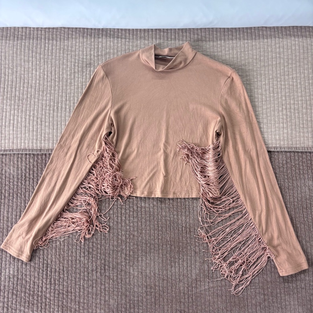 These Theee Fringe Cropped Mock Neck Top – Size S